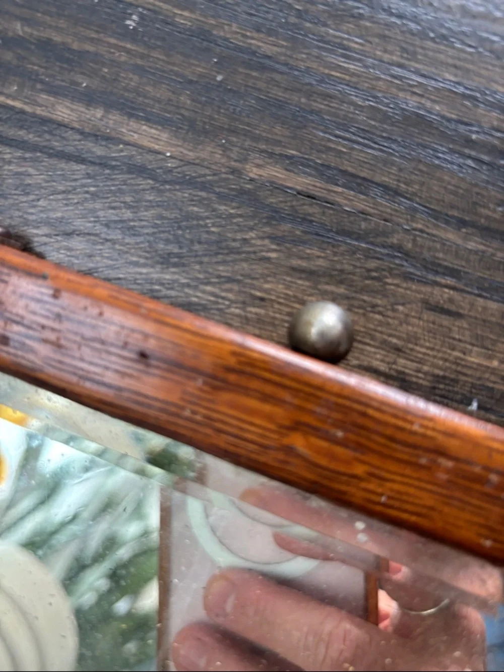 Vintage triple wood framed mirrors, beveled glass,hinges,patina,7.25x7.25” each